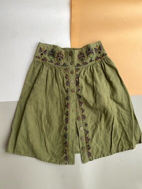 Maeve Olive Green Embroidered Button-Front A-Line Skirt